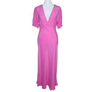 A New Day Maxi Dress Puff Sleeves Deep V Neckline Pink Rayon Women's Size XS NWT